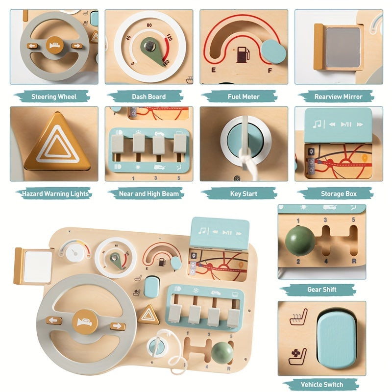 Wooden Steering Wheel Busy Board Toy featuring Vehicle Sign Recognition, Problem Solving, and Motor Skills Development for Youngsters. Smooth, Burr-Free Plywood in Light Green/Blue/Yellow.