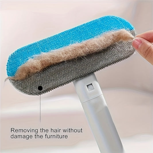 Dual-action pet hair removal brush with washable and reusable feature, ideal for removing dog fur on carpets and sofas. Easy to clean tool with blue and gray bristles, durable plastic