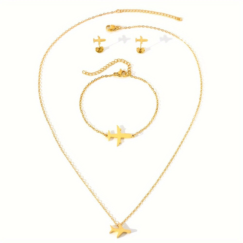 Stylish and elegant 4-piece jewelry set for women featuring stainless steel airplane pendant, chain bracelet, necklace, and earrings. Perfect for adding a touch of charm to any outfit. Makes a great birthday gift for her.