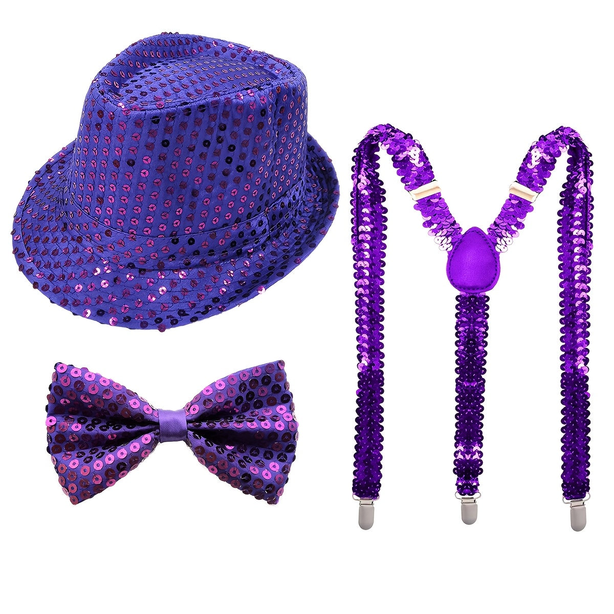 D EXCEED offers a set of three Disco sequin fedora hats with retro glitter accessories.