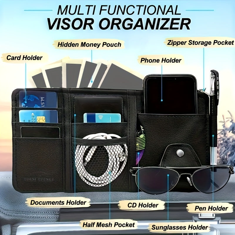 Car sun visor storage box with multiple functions: sunglasses organizer, card pouch, interior accessory.