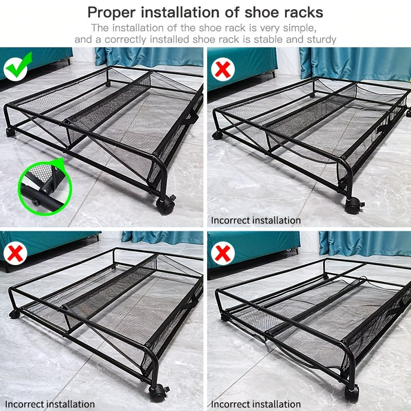 Keep Your Shoes Neat and Tidy with our Space-Saving Under-Bed Shoe Rack featuring 360° Swivel Wheels - Sturdy Metal Organizer for Effortless Shoe Storage and Organization, Convenient Sliding Design Perfect for Bedroom, Dorm, and Home Use