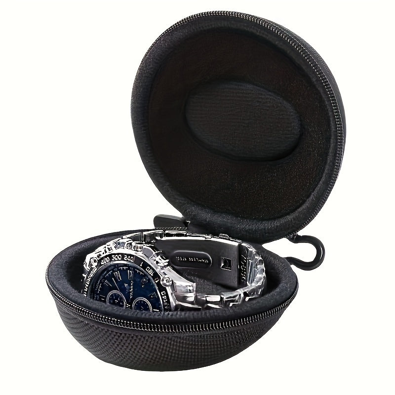 Black Round Mansike Portable Watch Case made of Polyester Fiber material with Fabric Lining, ideal for storing watches, accessories, and chargers.