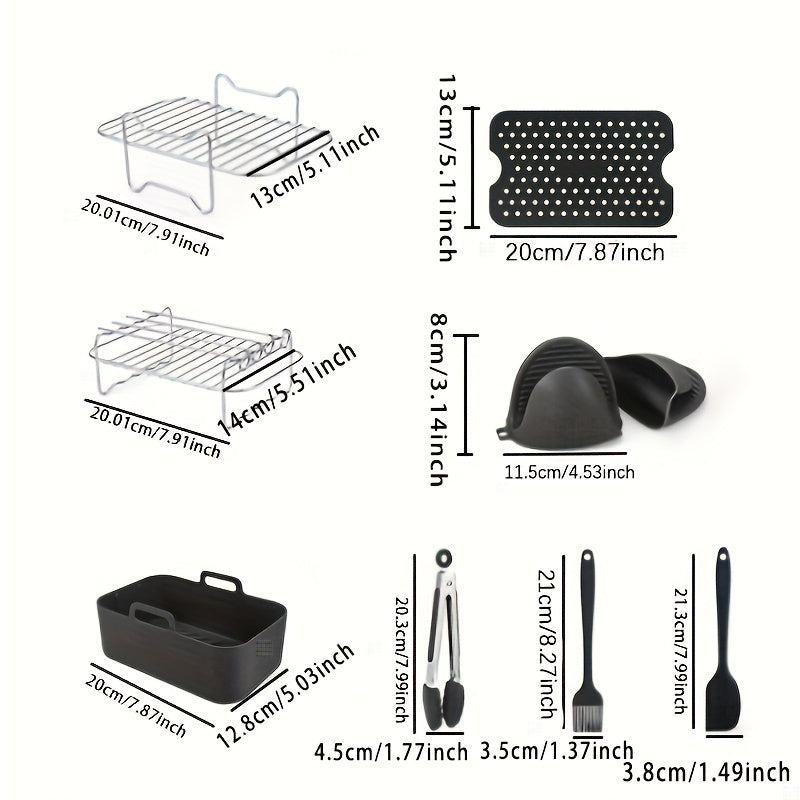 Air Fryer Accessories Set - Includes Tools/Rack for Most Dual Basket Air Fryer Models (7.6-9.6L), Oven Accessories, Air Fryer Liners, Multi-Layer/Skewer Rack, Metal Holder, Tongs, Brushes, and Oven Gloves