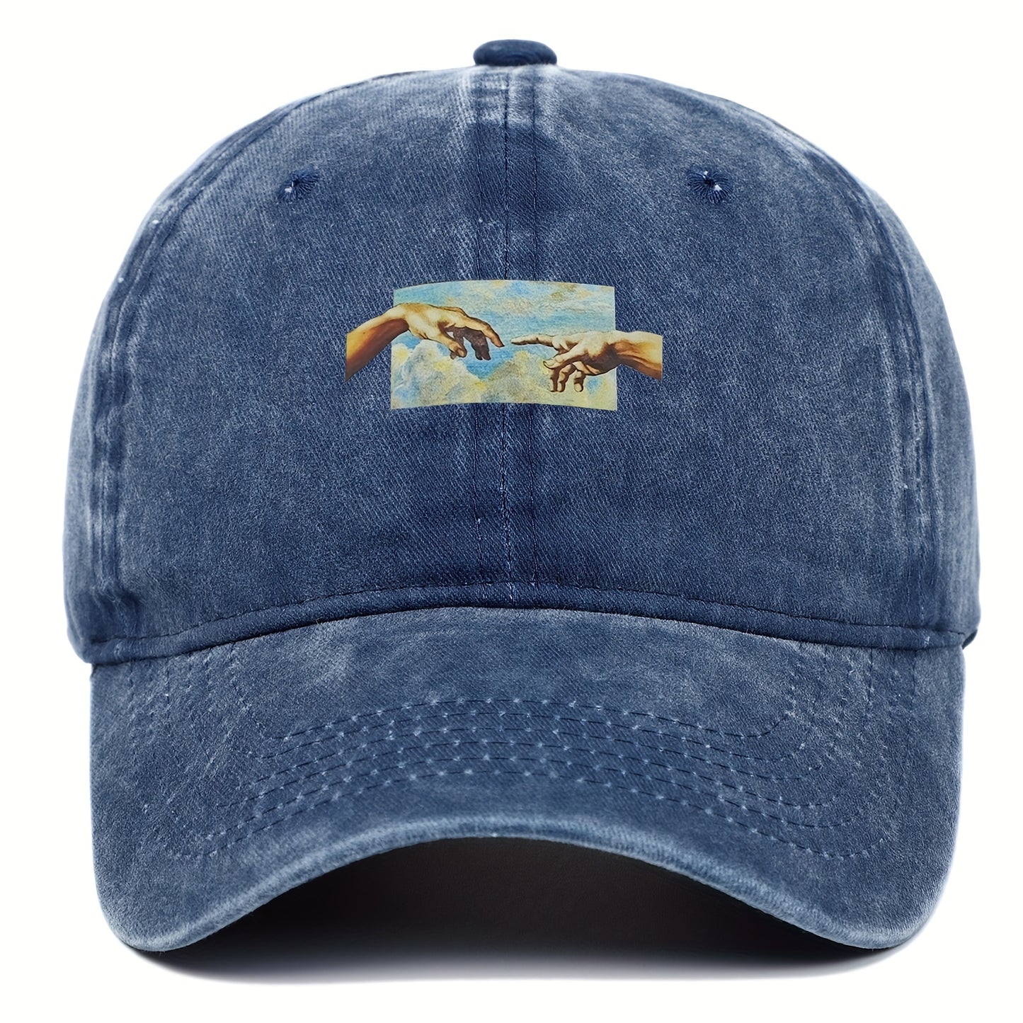 Vintage oil painting print baseball cap made of breathable polyester with casual embroidery. Features a flag theme, adjustable fit, and is hand washable.