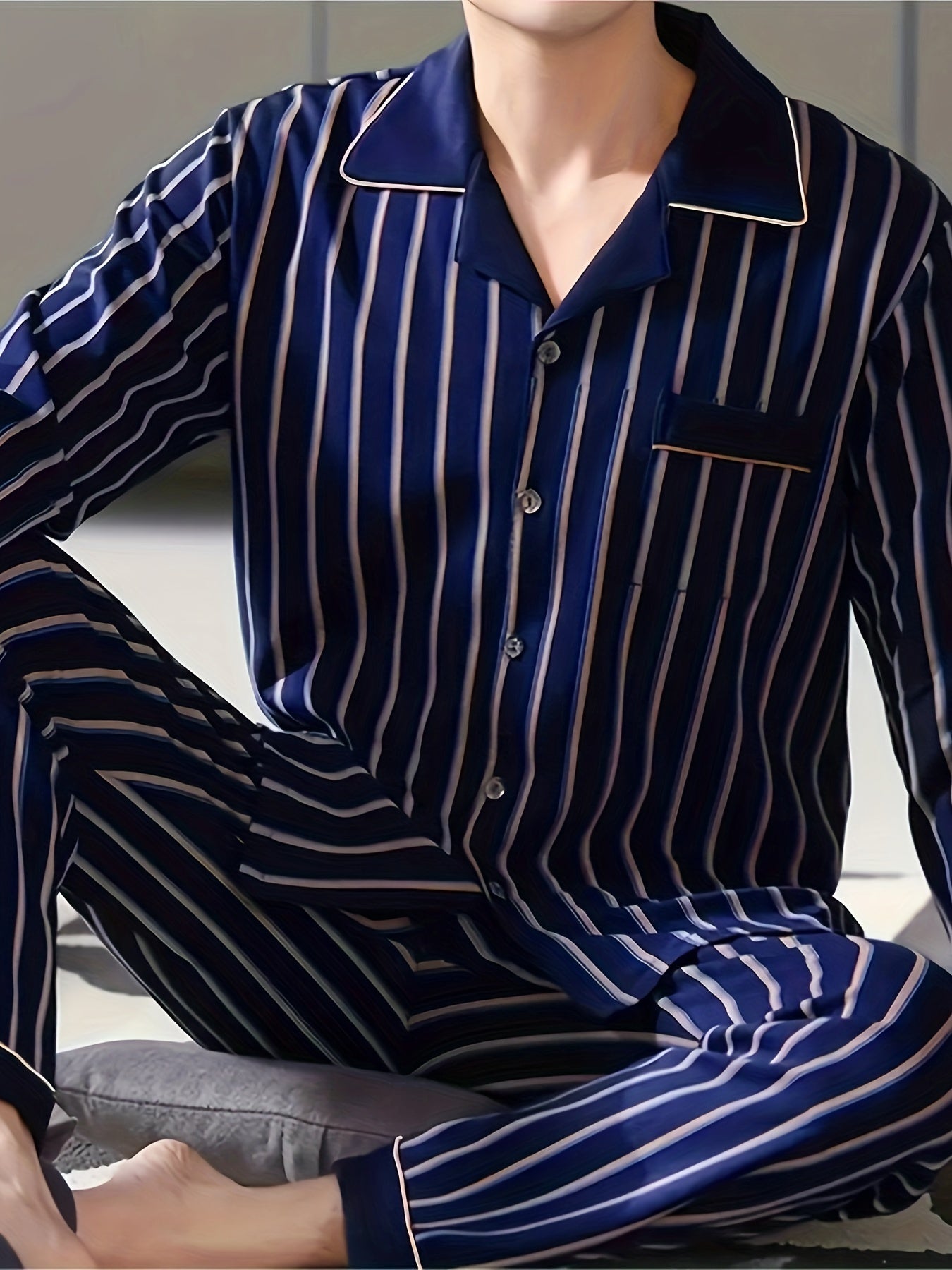 Men's Casual Luxury Pajama Set made of polyester knit fabric with slight stretch, featuring lapel collar and striped design for Fall/Winter.