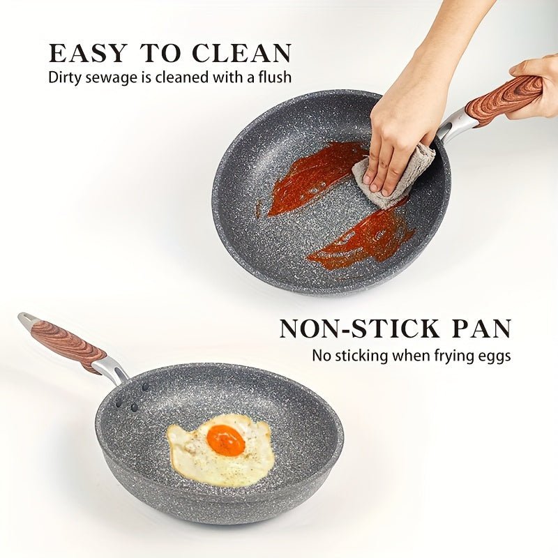 Maifan Stone Non-Stick Cookware Set includes 3 pieces with Wooden Grain Handles and Tempered Glass Lids. Made with Durable Aluminum Construction, these versatile Pots and Pans are suitable for use on various stovetops. Ideal for Boiling, Sautéing, and