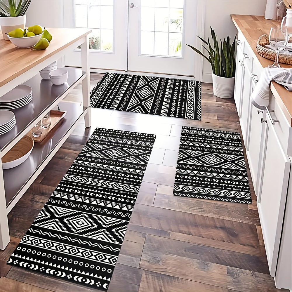 Bohemian Black And White Carpet Floor Mat for Kitchen, Dining Room, Home Office, Sink, and Laundry Room. Features Farmhouse Fatigue-Resistant design, Non-slip and Washable for added convenience.