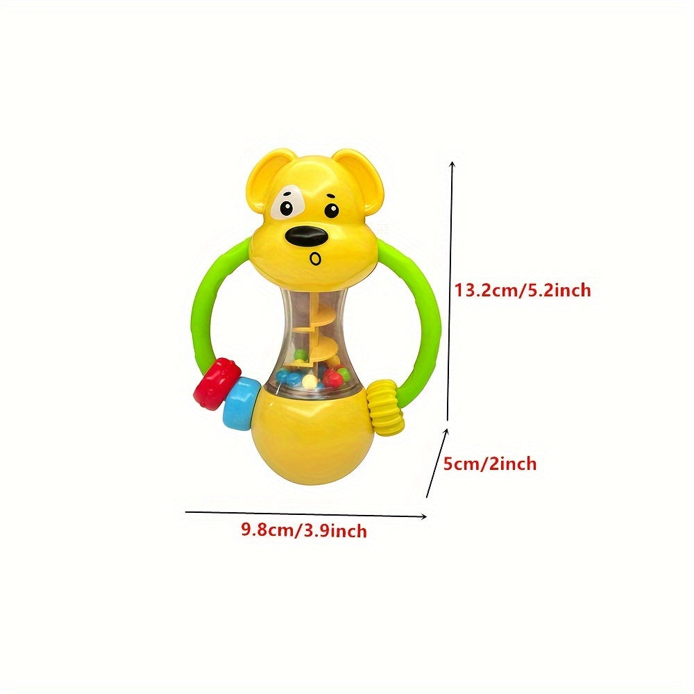 Soft rubber rattle with a puppy theme for young children, featuring a comfortable grip design and available in various colors. A fun early learning toy for little ones.