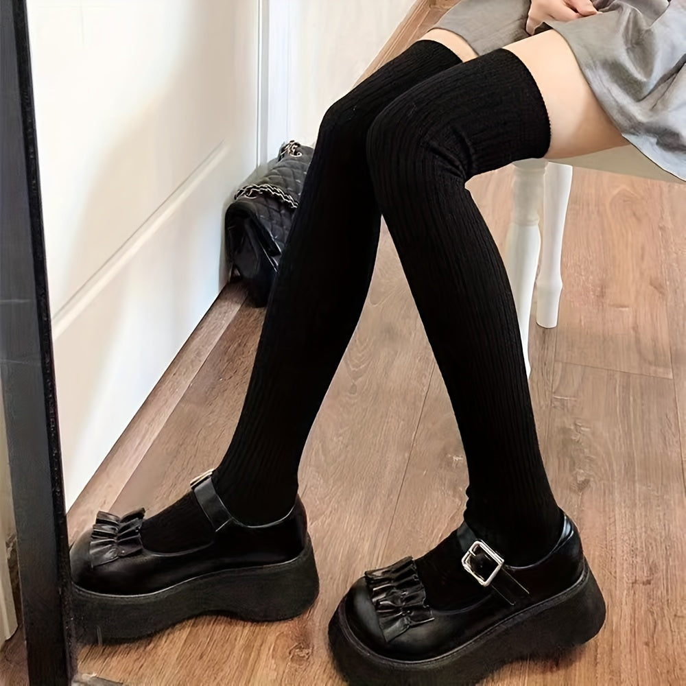 Cozy Ribbed Thigh High Socks for Women, Warm Over-The-Knee Stockings