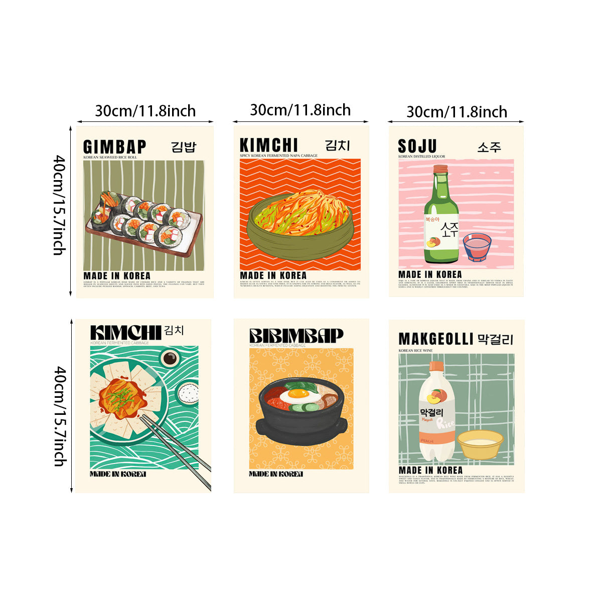 Set of 6 Retro Korean Kimchi Cuisine Canvas Wall Art, 29.97x39.88cm - Frameless Posters for Kitchen Décor.