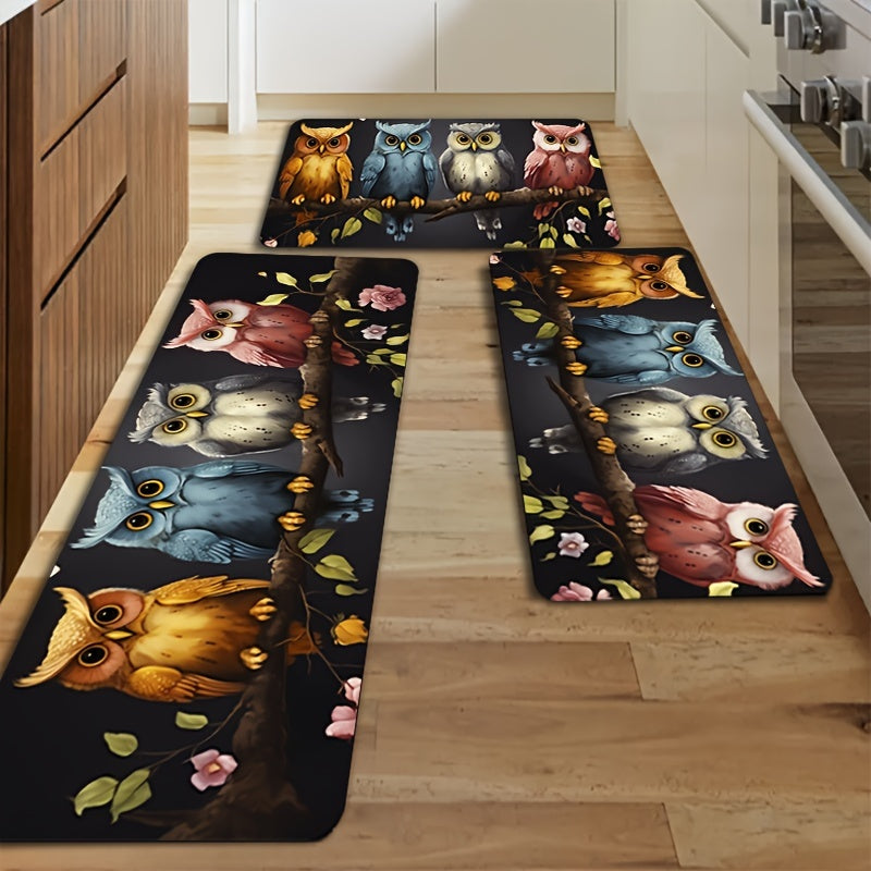 1pc of Four cute owl standing on tree rug, thickened floor mats for living room, bedroom, and inside doors. Machine washable and suitable for wide door rugs and decorative indoor rugs in the kitchen floor.