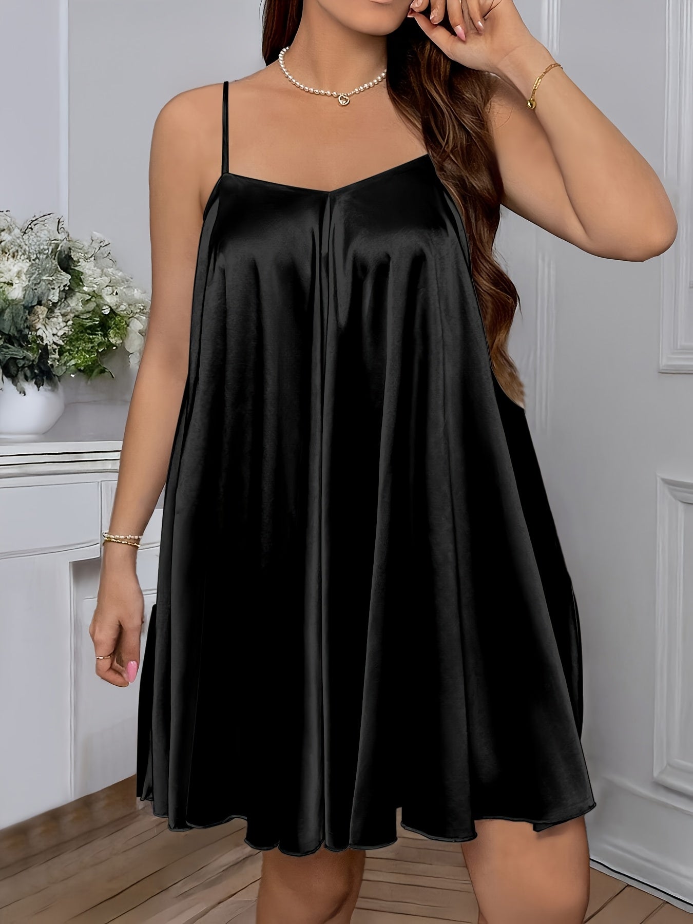 Plus Size V-Neck Night Dress, Solid Color, Polyester/Elastane, Cross Strap Back, Lightweight, Slight Stretch - Ideal for Spring/Summer/Fall.