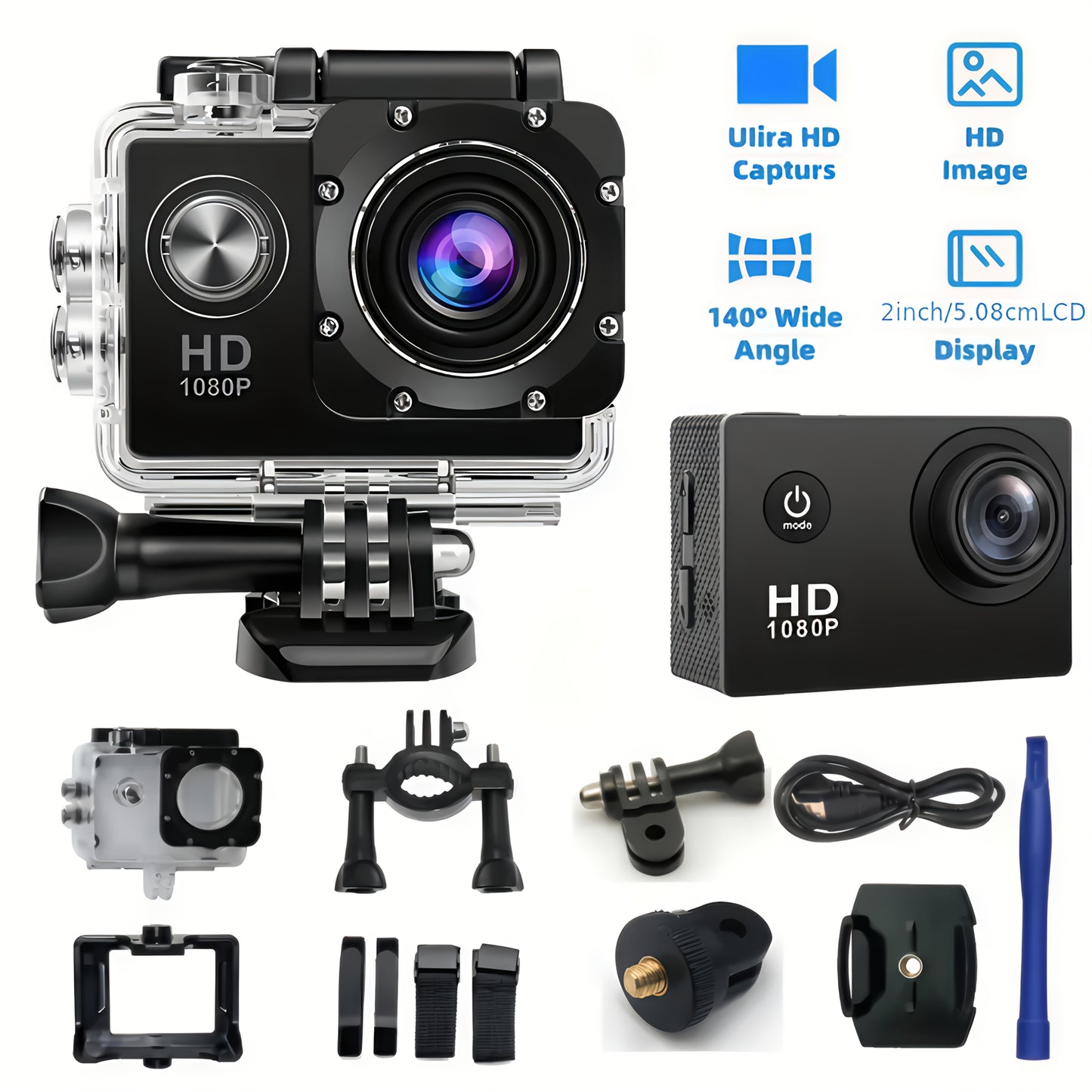 140° Ultra-Wide Lens 1080P HD Action Camera with Digital Stabilization, Fish Eye Effect, and Rechargeable Battery for Outdoor Sports Shooting.