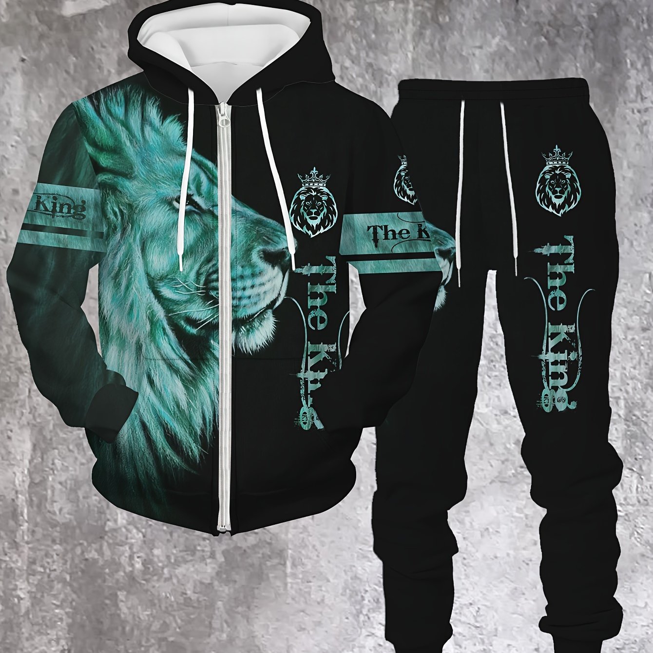 Men's Lion King Zip-Up Hoodie and Jogger Set - Casual Loungewear with Lion Design, Machine Washable