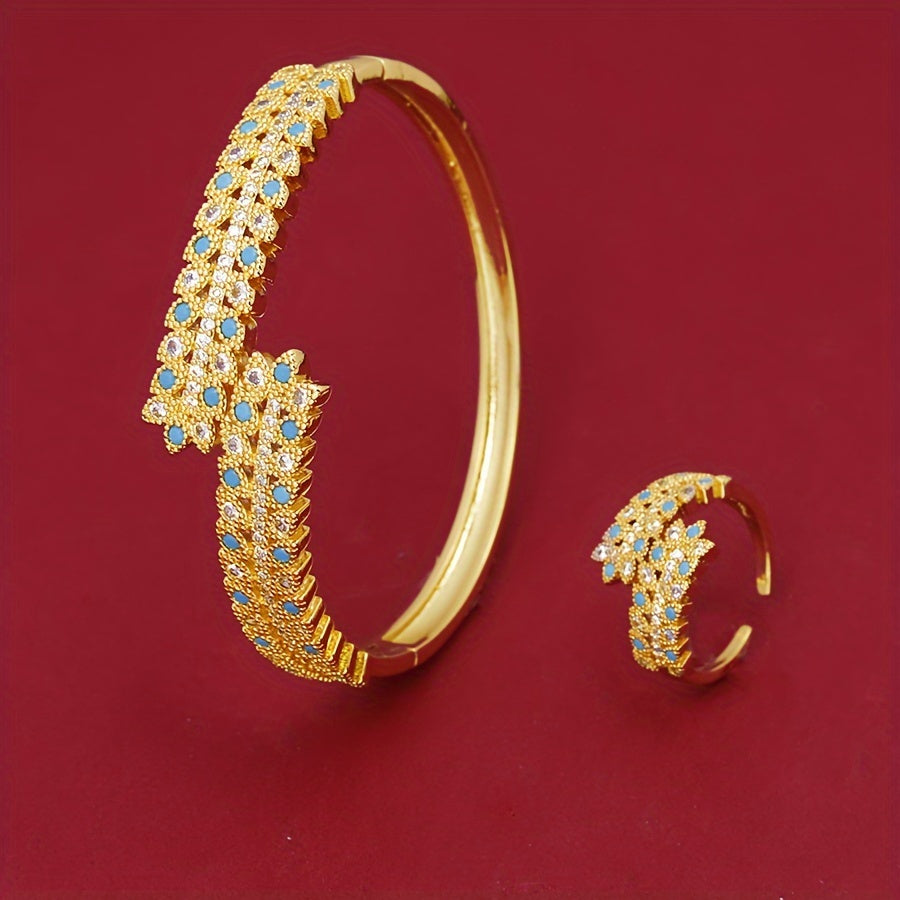 Middle Eastern women's heavy work inlaid zirconia leaf ring and bracelet set jewelry, perfect for bridal clothing accessories or as a Mother's Day gift during summer. The set includes one elegant ring and one stunning bangle.