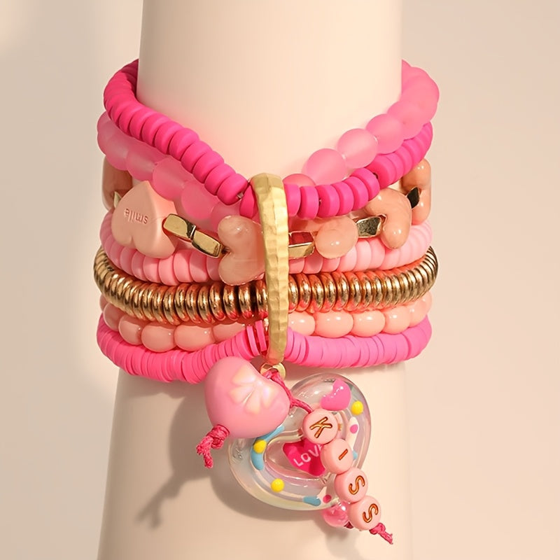 This Pink Bohemian Style Resin Bead Heart KISS Pendant Bracelet is versatile and ideal for women's Valentine's Day fashion jewelry. It is suitable for both everyday wear and festive occasions, making it the perfect accessory for all seasons.