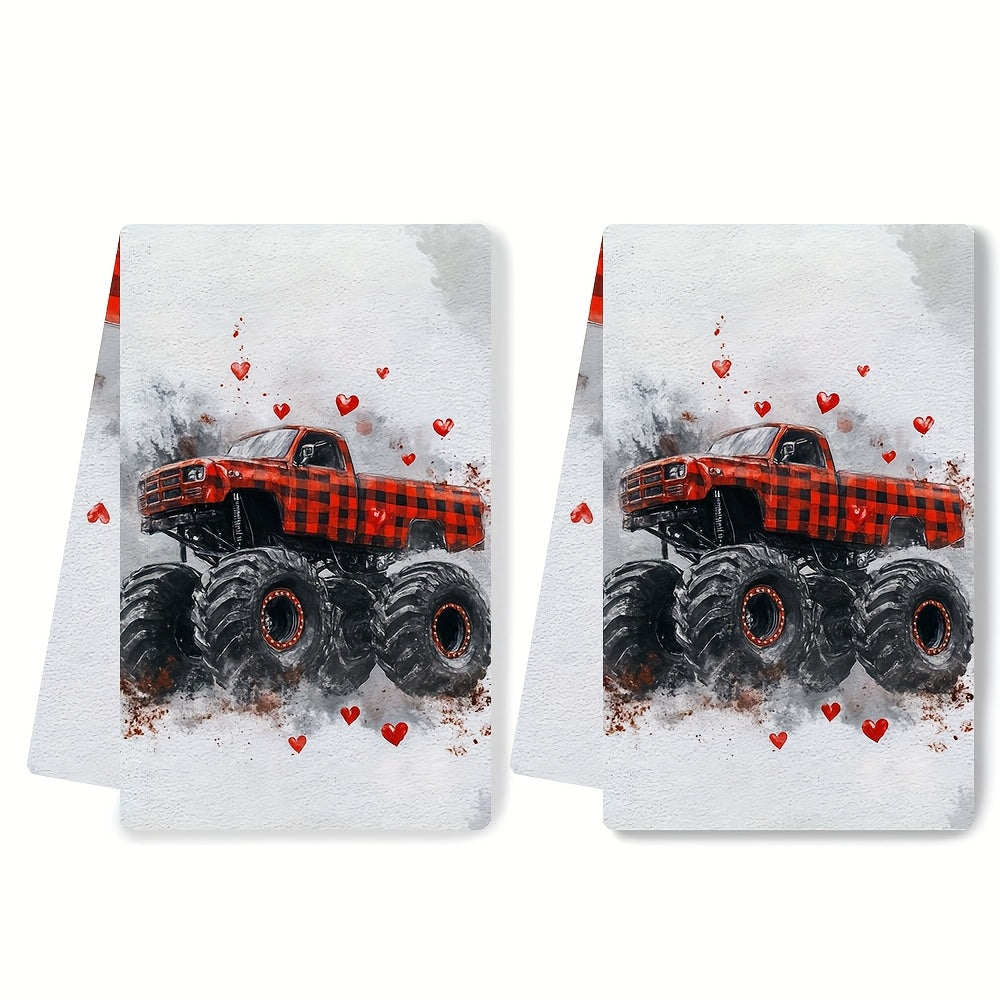 Get your hands on a pair of plush kitchen towels showcasing a Valentine's Day monster truck design in festive red plaid with adorable heart accents. These ultra-soft towels are great for drying dishes and hands, and make a charming addition to your