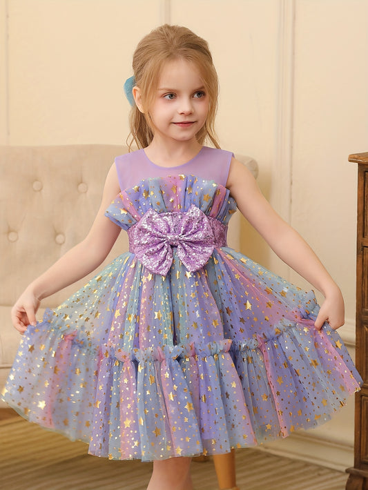 Sequined starry sky mesh princess dress with bow, perfect for birthdays and parties.