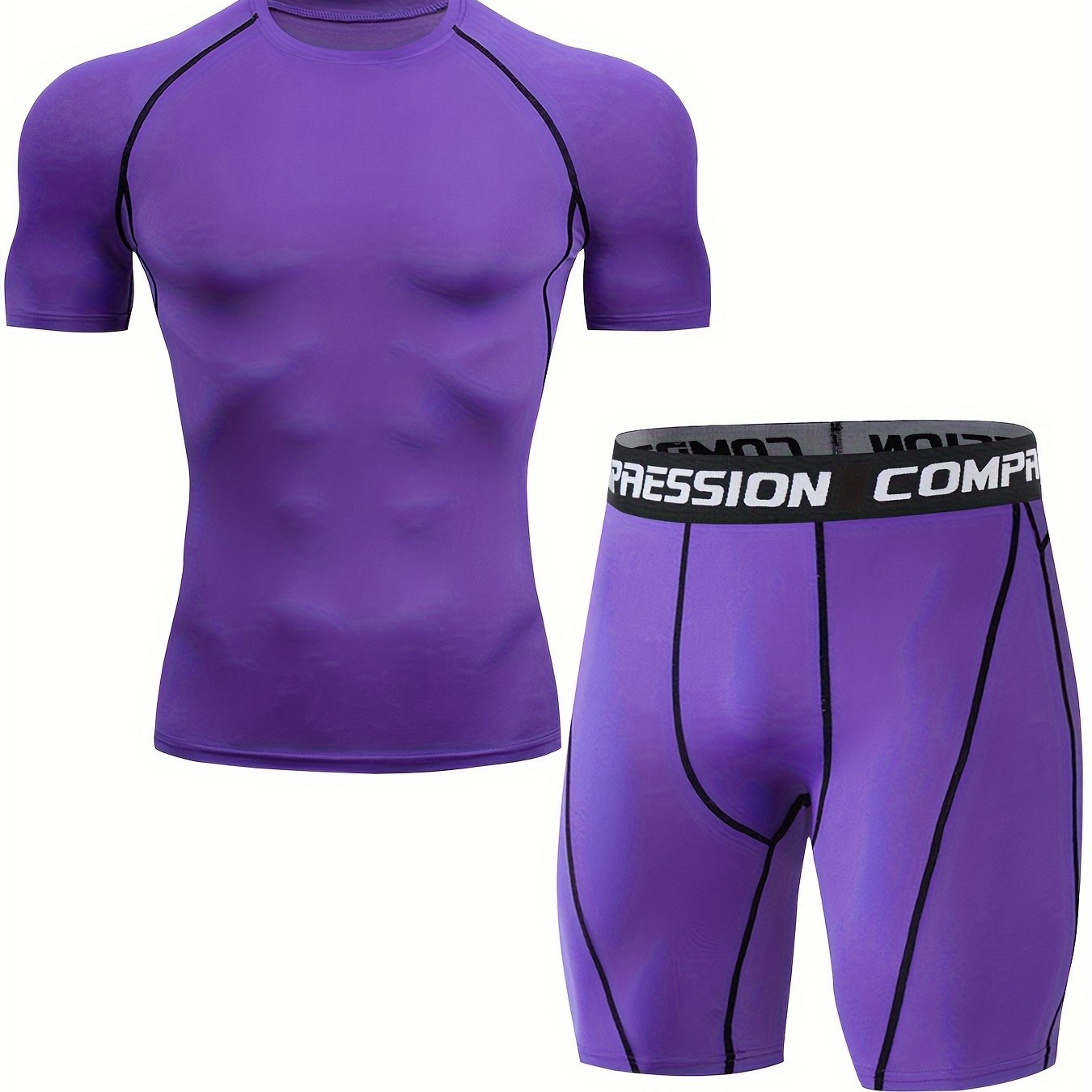 Men's sports running set includes skin-tight quick dry short sleeve compression shirt and shorts for gym and yoga.