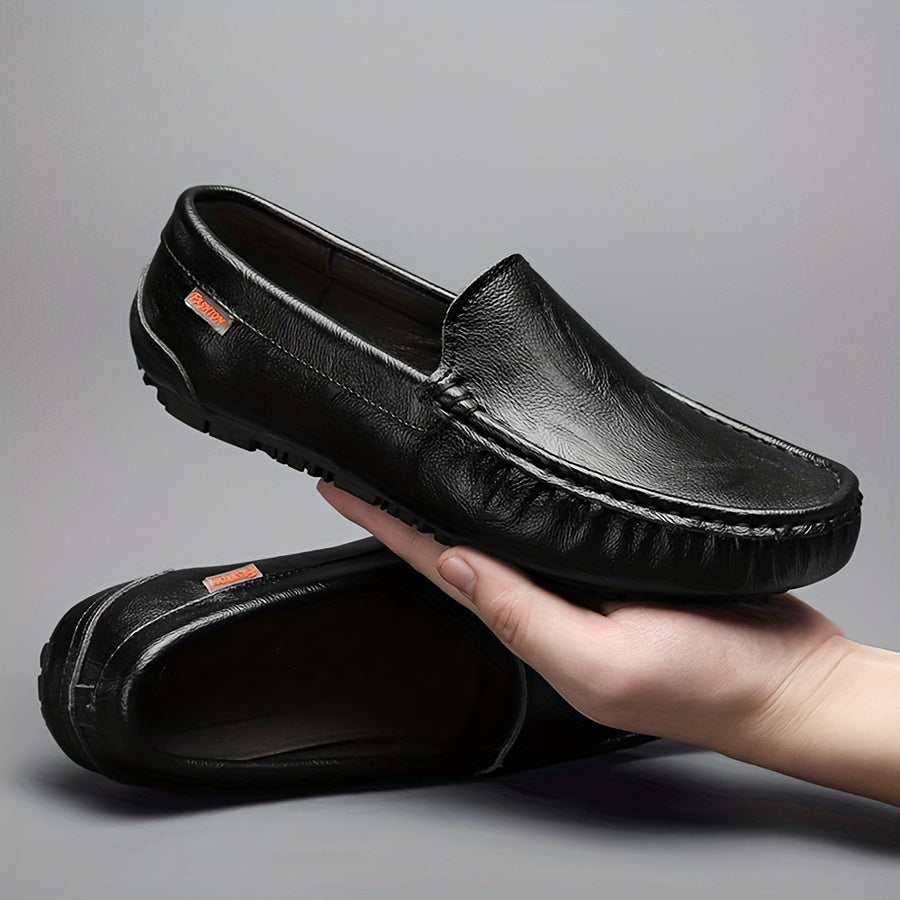 Genuine leather loafers for men with casual slip-on style, square toe, rubber sole, comfortable PU insole, suitable for all seasons.