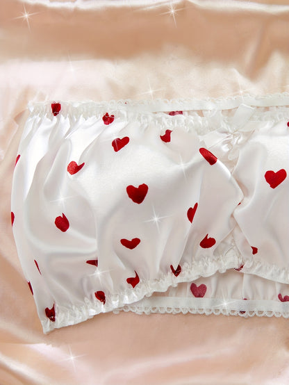 Sexy lingerie set featuring heart print bowknot details with high waist shorts and elastic bra.