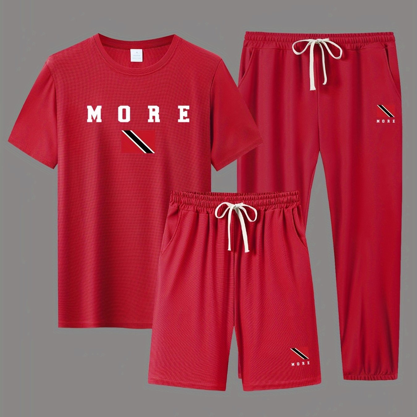 MORE Men's 3-piece Casual Sports Set: includes short sleeve T-shirt, shorts, and pants. Made for breathable summer wear.