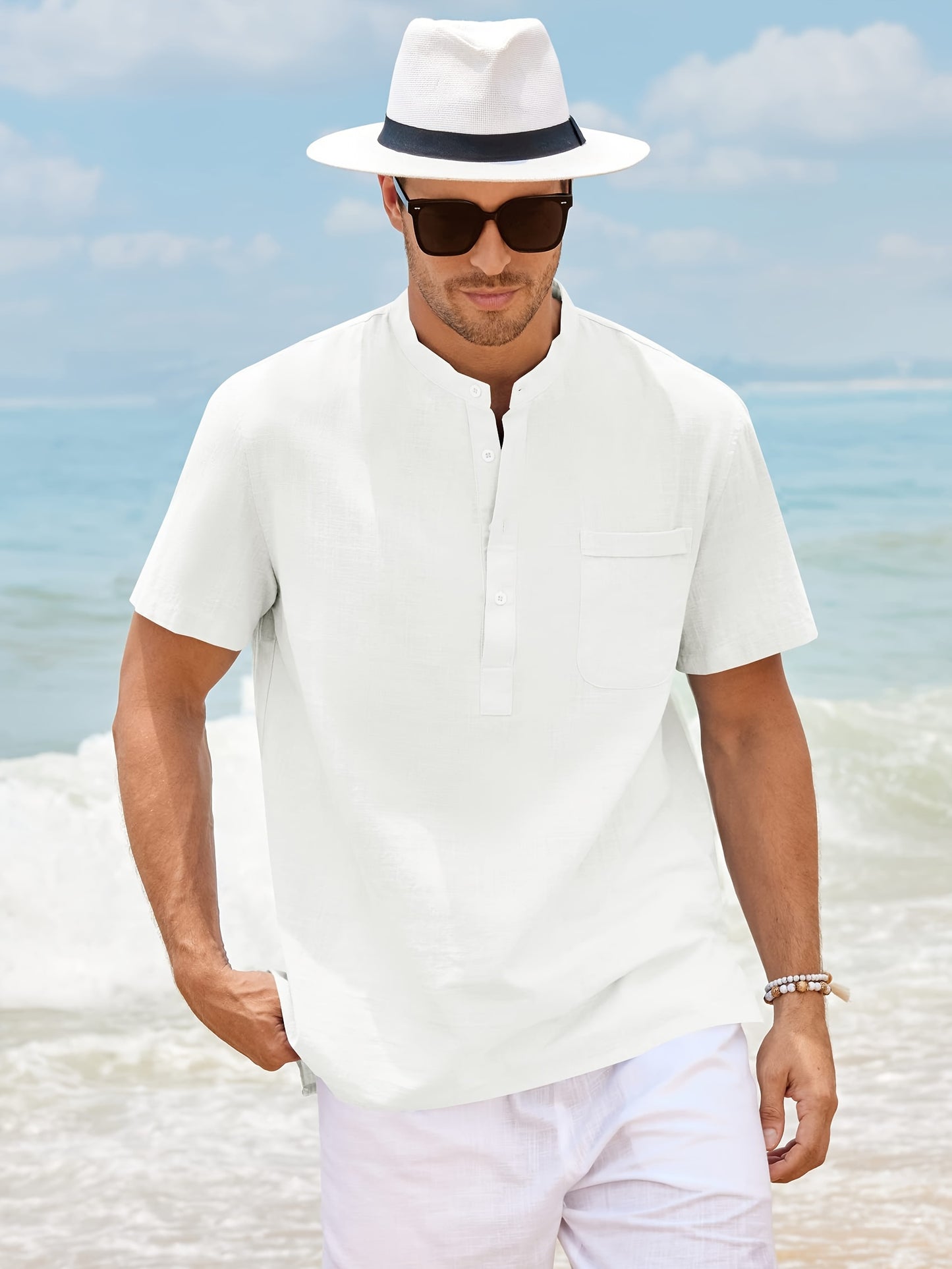 Men's loose fit cotton short sleeve shirt with stand collar and pocket, perfect for summer beach vacation.