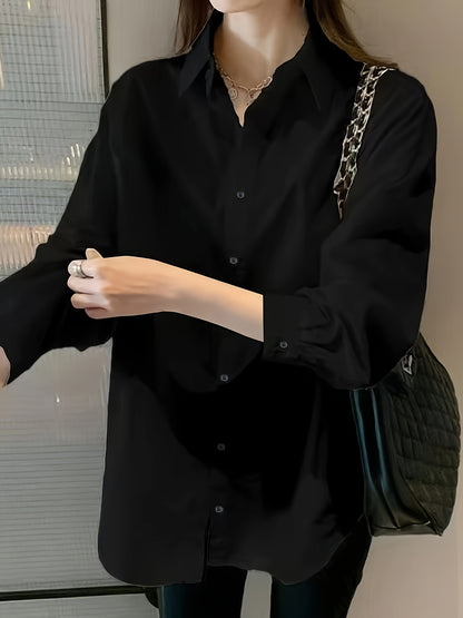 Women's Elegant Black Shirt with Belly Support, Long Sleeve, Lapel Collar, and Single Breasted Placket. Made of 95% Polyester and 5% Elastane. All-Season Loose Fit Casual Top.