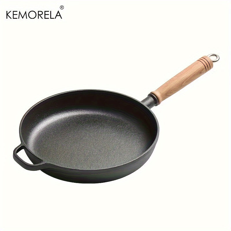 Experience the quality of the KEMORELA Premium Cast Iron Skillet. This uncoated, non-stick cookware is versatile and suitable for gas, electric, and induction stoves. Perfect for cooking steak, omelets, and more, this skillet features wooden anti-scald