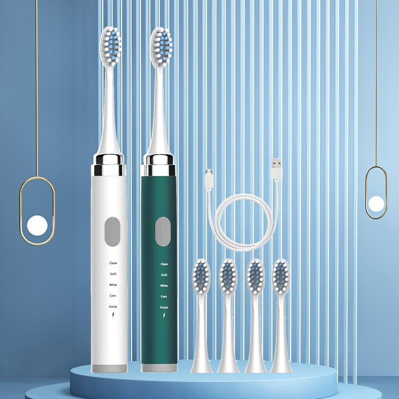 Electric Toothbrush F1-QL-6-C, 2pcs with 5-speed settings, USB interface, and replaceable ultra-soft brush head for whitening and gentle care.