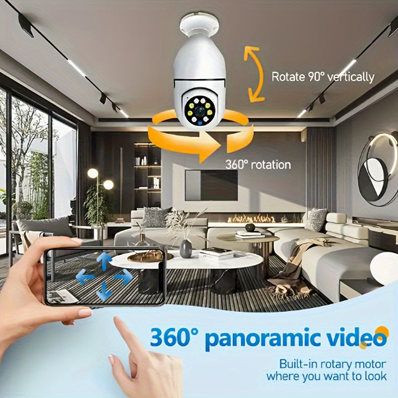 Introducing the YIIYRY Smart WiFi Bulb Camera with E27 Connector - featuring 360° Pan/Tilt, Motion Detection, Two-Way Audio, and Indoor/Outdoor Security. This camera is USB powered (no battery required) and brought to you by YIIYRY.