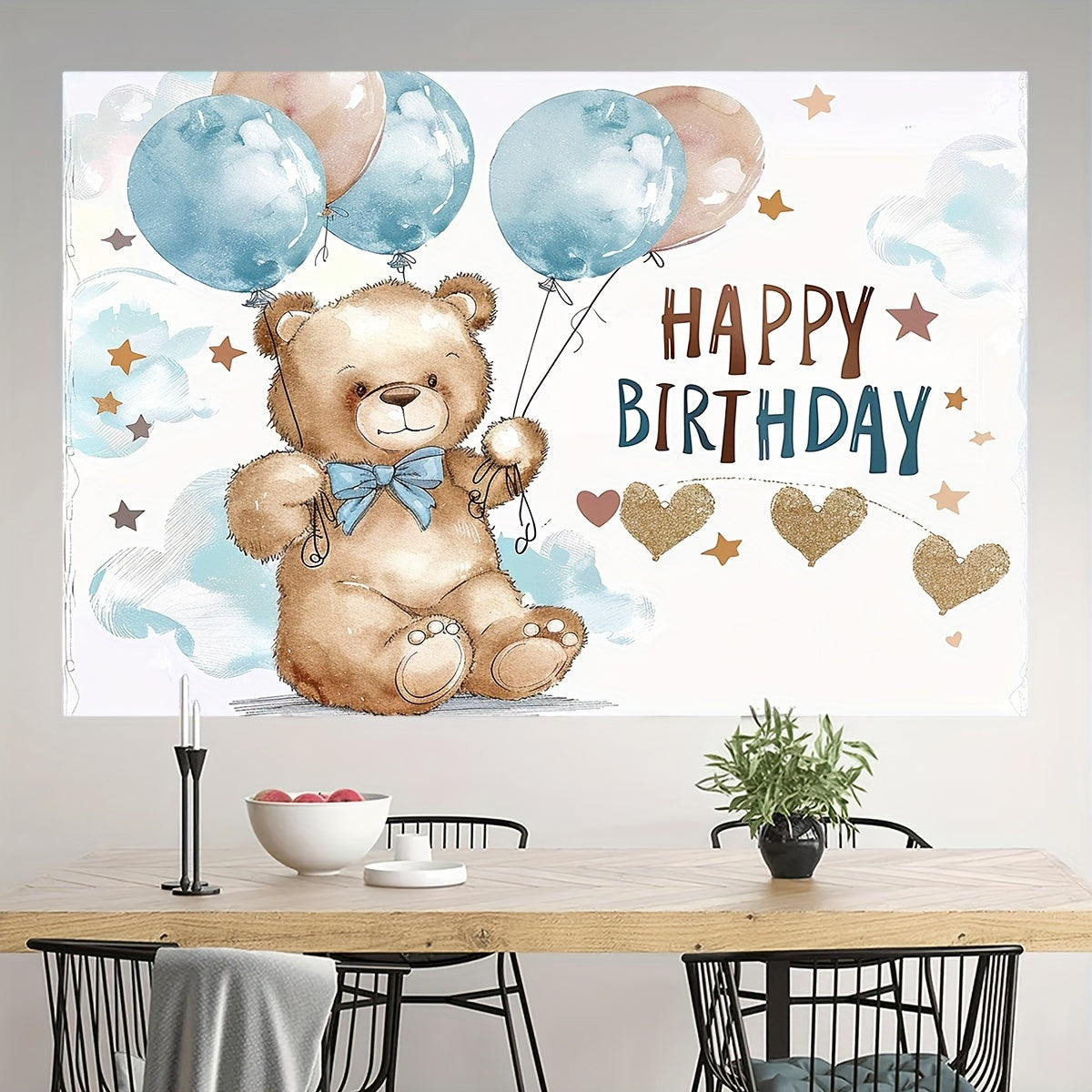 Youngsters' party backdrop featuring blue balloons, clouds, stars, and a cute teddy bear - perfect for birthdays.