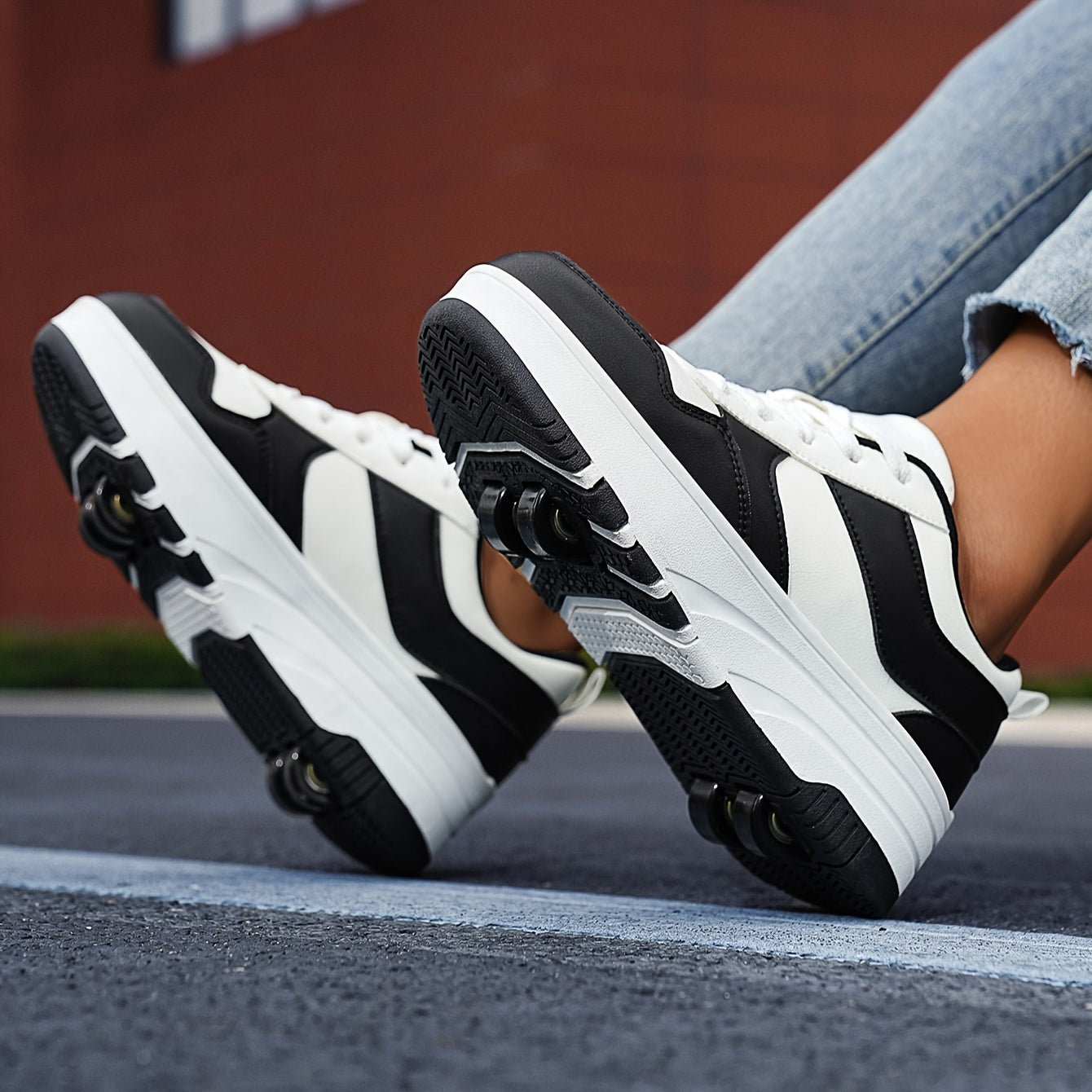 Classic black & white roller skates for girls with detachable wheels and breathable design. Suitable for outdoor activities and skateboarding with high street style. Can also be worn as