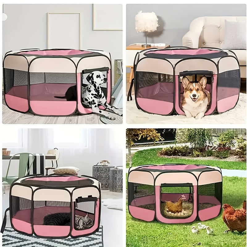 Portable pet playpen for dogs, cats, rabbits, and small animals, folds easily for storage.