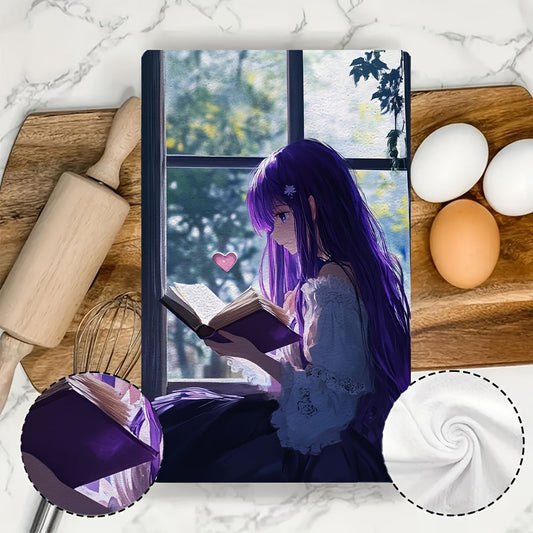 This set includes 2 ultra-soft kitchen towels adorned with an anime girl with long purple hair reading a heart-shaped book by a window. These highly absorbent dish towels are ideal for holiday decoration and can be easily washed in a machine. They