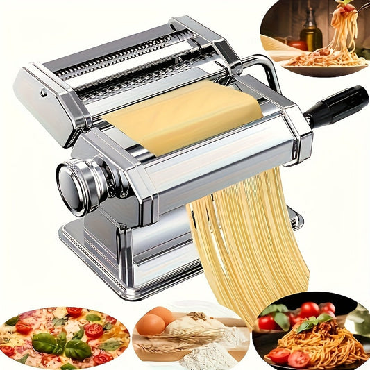 The Stainless Steel Manual Pasta Maker is a must-have kitchen tool for creating homemade spaghetti, fettuccine, and lasagna with adjustable thickness roller.