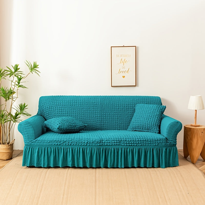 Stretch sofa slipcover with skirt, washable and durable, universal fit.