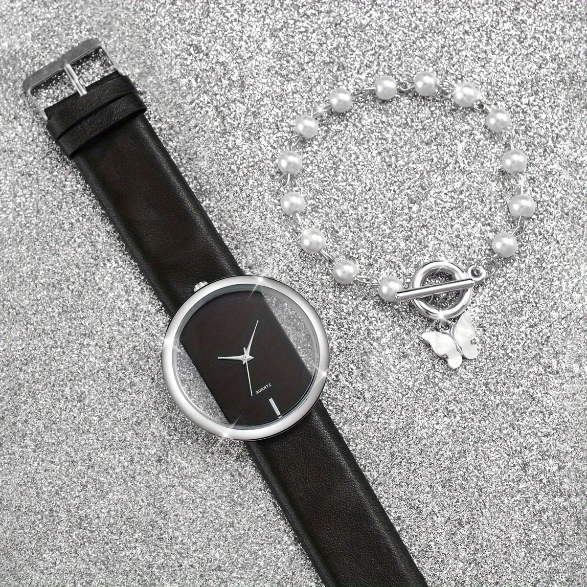 2-piece women's fashion watch set with minimalist, personality, skeleton dial. Bracelet included, case not.