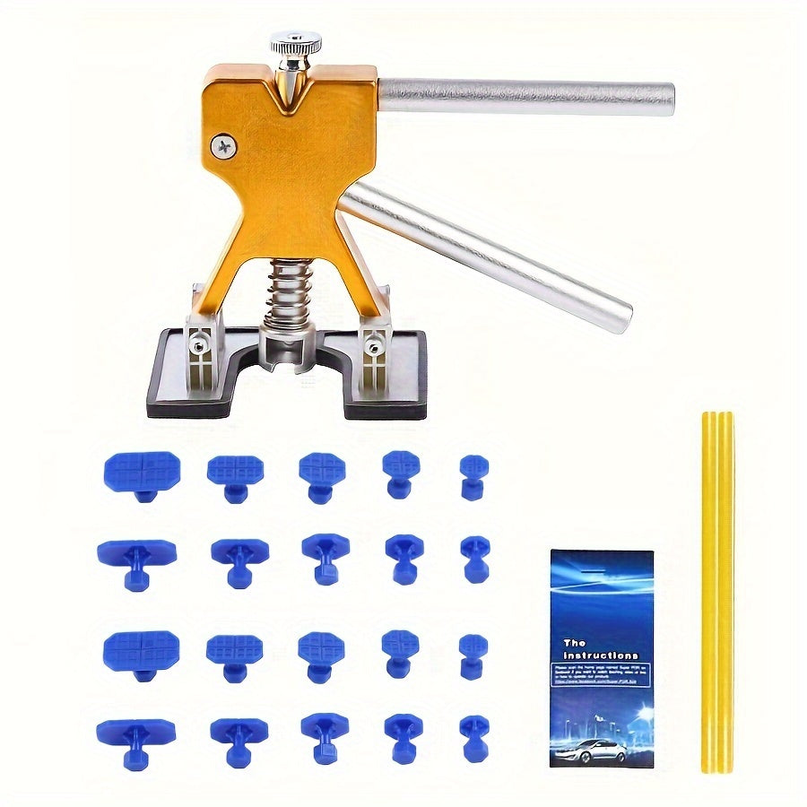 Dent puller kit for paintless dent repair, includes adjustable golden dent remover tools for large and small dings.