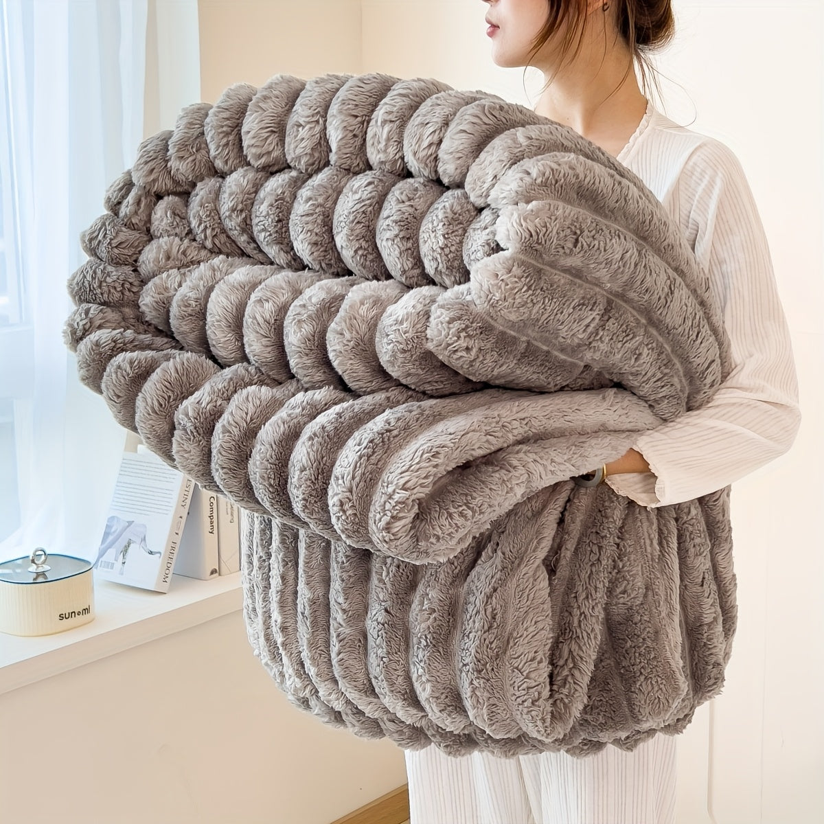 Cozy Contemporary Striped Plush Blanket made with Thickened Polyester Knit Fabric, Perfect for All Seasons. Can be used as a Bedspread, Nap Blanket, or even as a Pet Blanket. Weighs 250-300gsm.