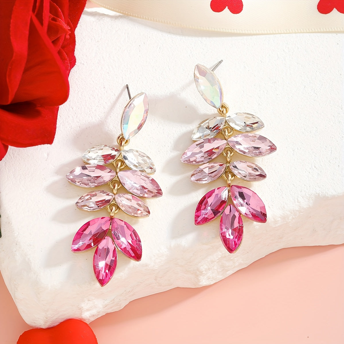 Stylish Valentine's Day Rhinestone Flower & Heart Dangle Earrings in Sweet Pink Zinc Alloy Drop style, featuring Stainless Steel Posts. These Luxury Fashion Earrings for Women are ideal for parties and as gifts.