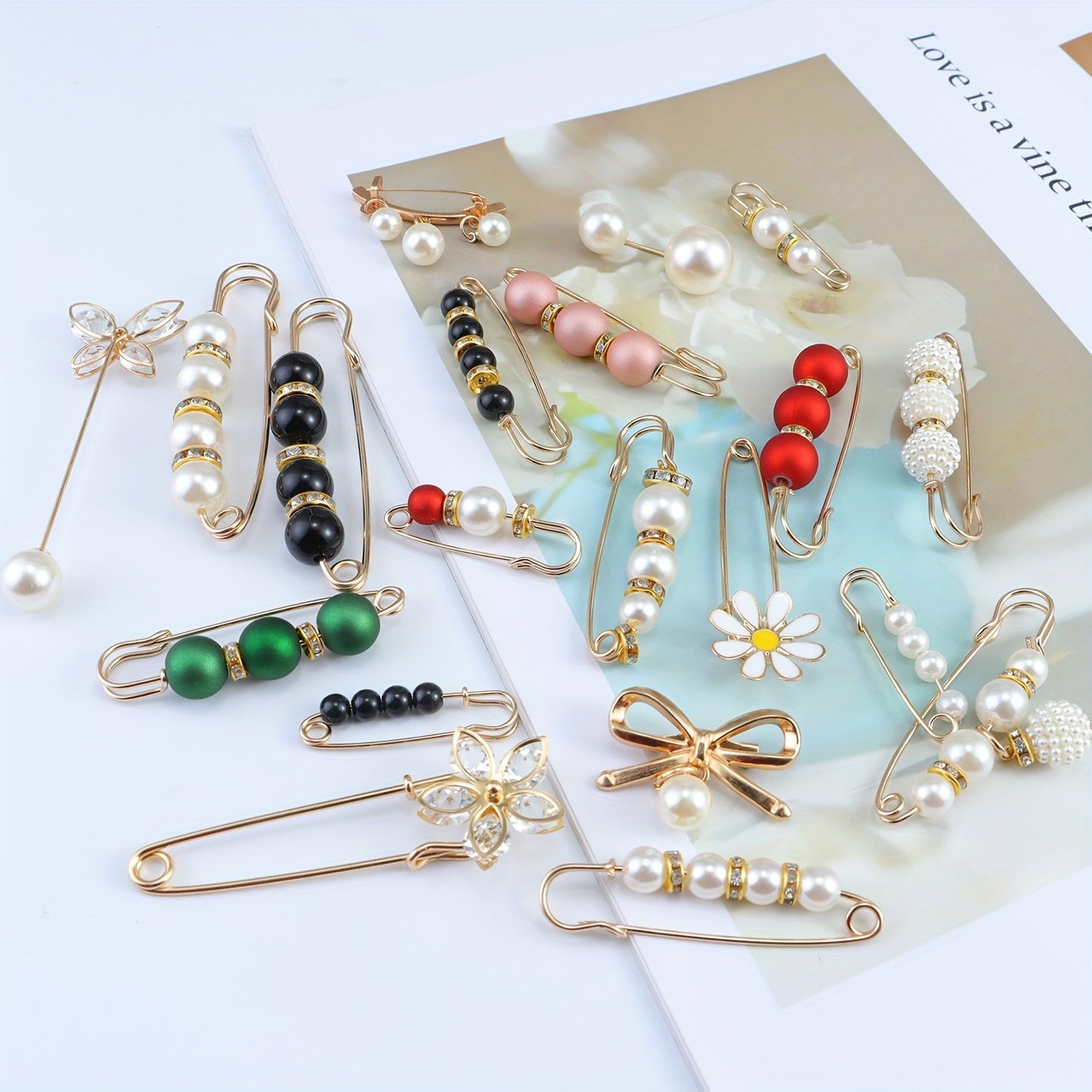 Set of 20 Elegant Minimalist Mixed Brooch Pins with Pearl Embellishments. These Safety Pins feature Irregular Shapes and are Versatile Fashion Accessories for Scarves, Dresses, and Waist Cinchers. Add a touch of Decorative Jewelry to your Clothing.