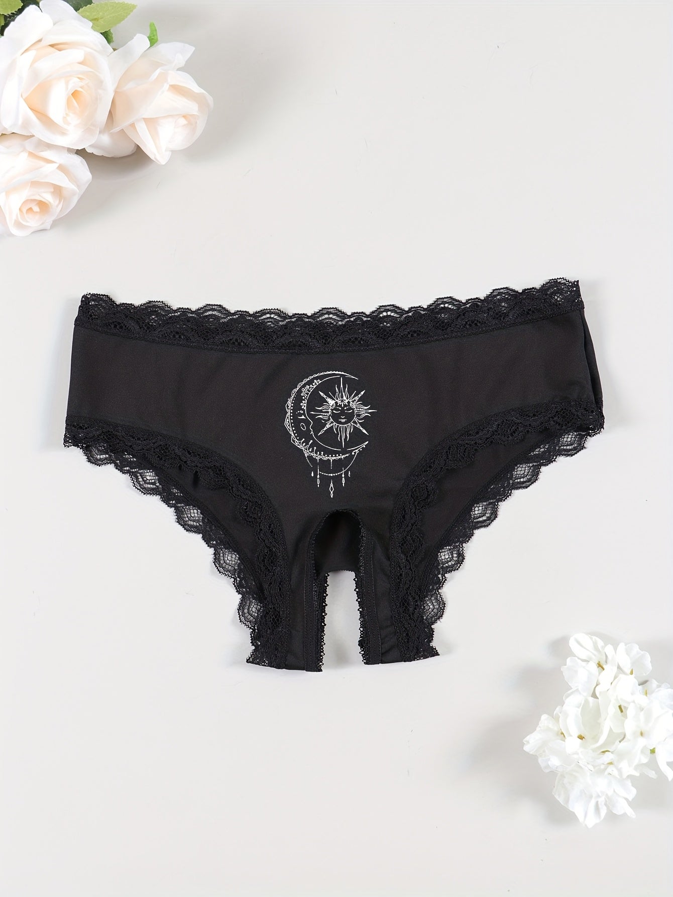 Stylish lace triangle panties with moon and sun prints, breathable and comfortable with a sexy open-crotch design.