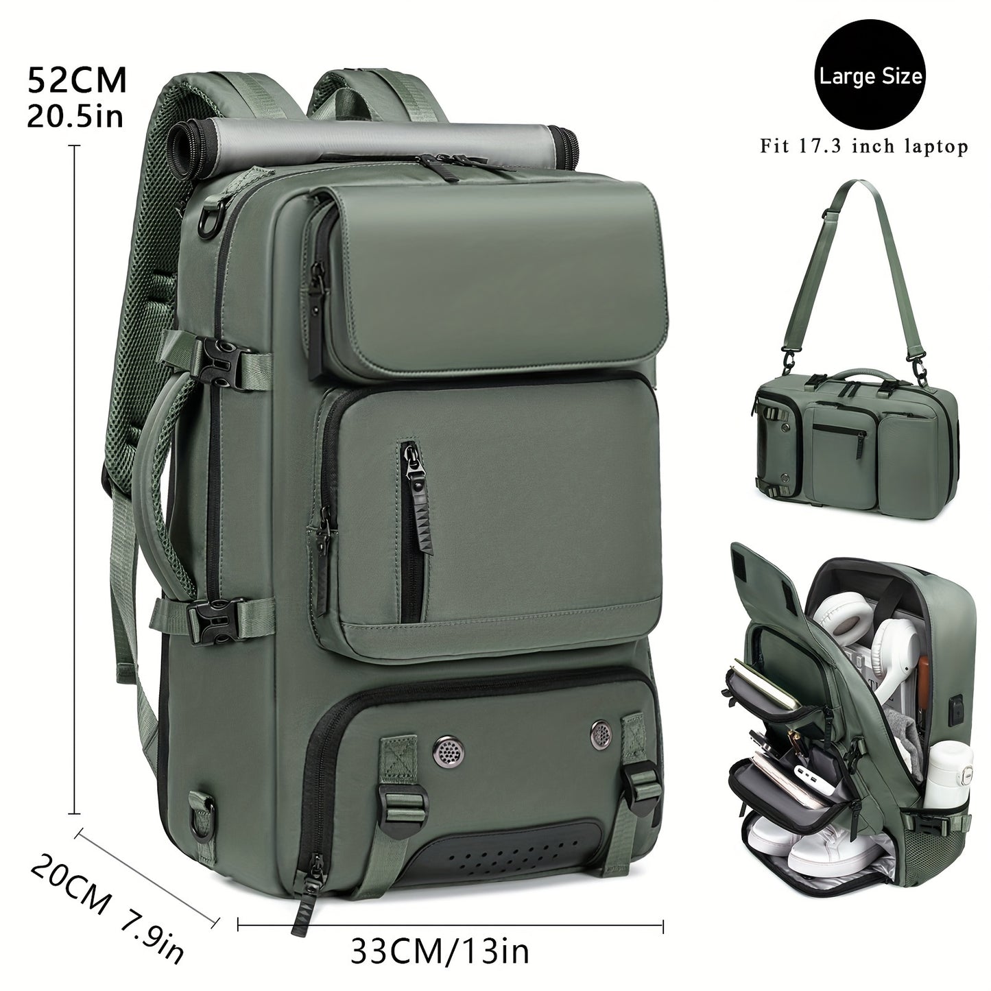 Men's travel backpack with large capacity for hiking, business, and laptops, includes a waterproof shoe bag.