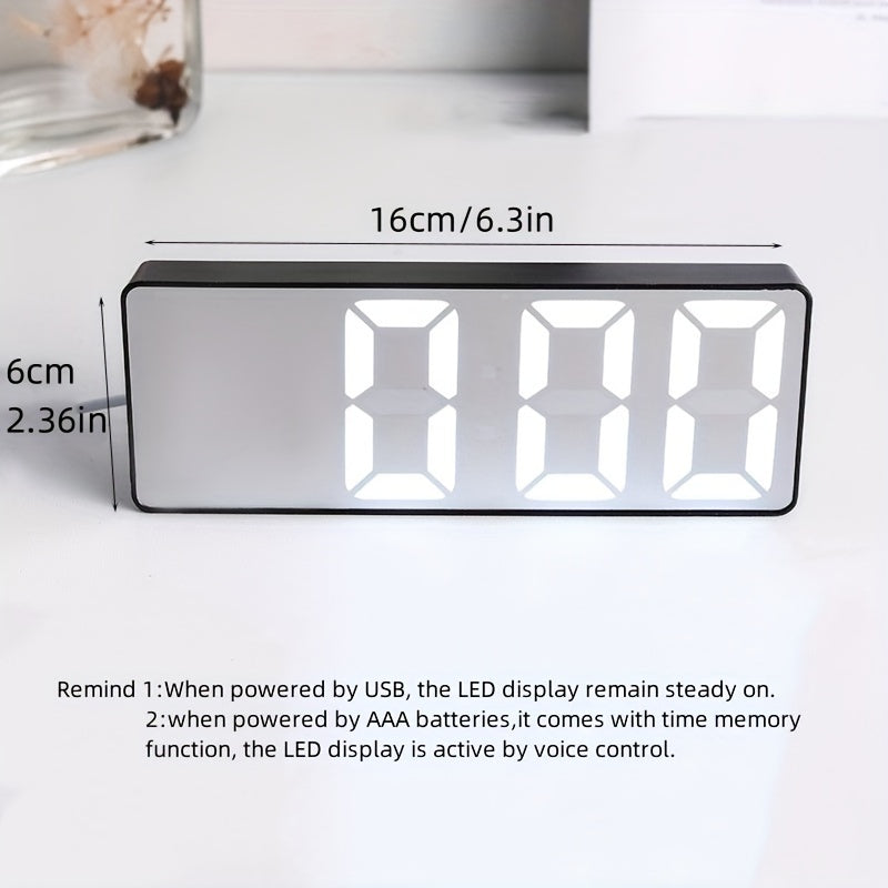 Digital clock with large LED display, mirror surface, dual brightness levels, and battery or USB charging, ideal for home décor.