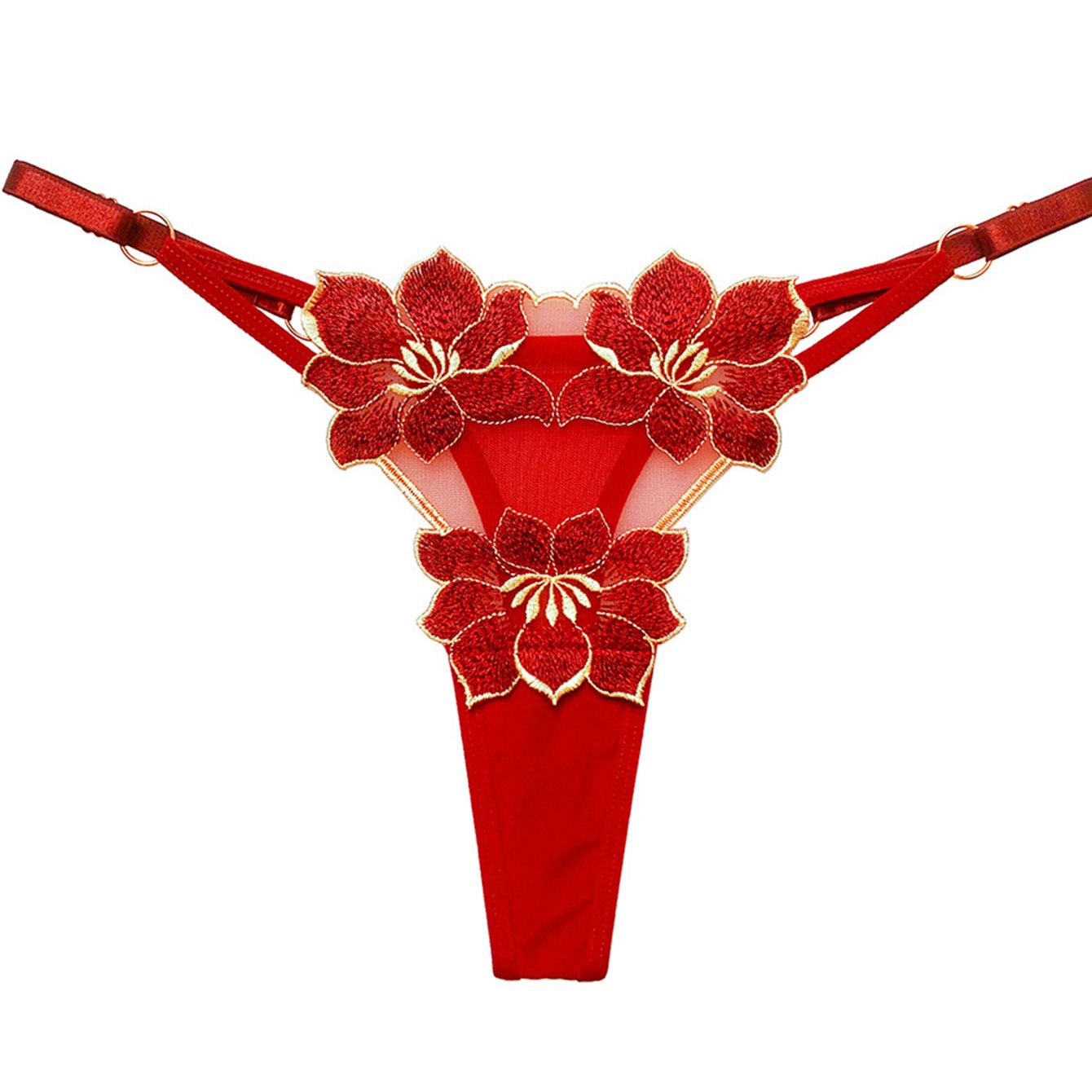 Women's sexy lingerie and underwear with floral embroidery thongs and hollow ring linked panties.