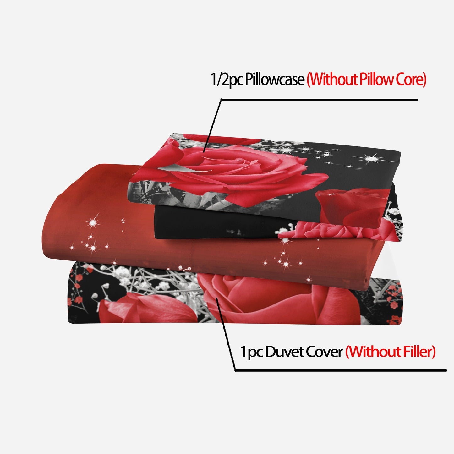 Red Rose Print Bedding Set includes 2/3 pieces with a duvet cover and pillowcases. This bedroom decor set does not include filler. Each set contains 1 duvet cover and 1 or 2 pillowcases, without pillow core.