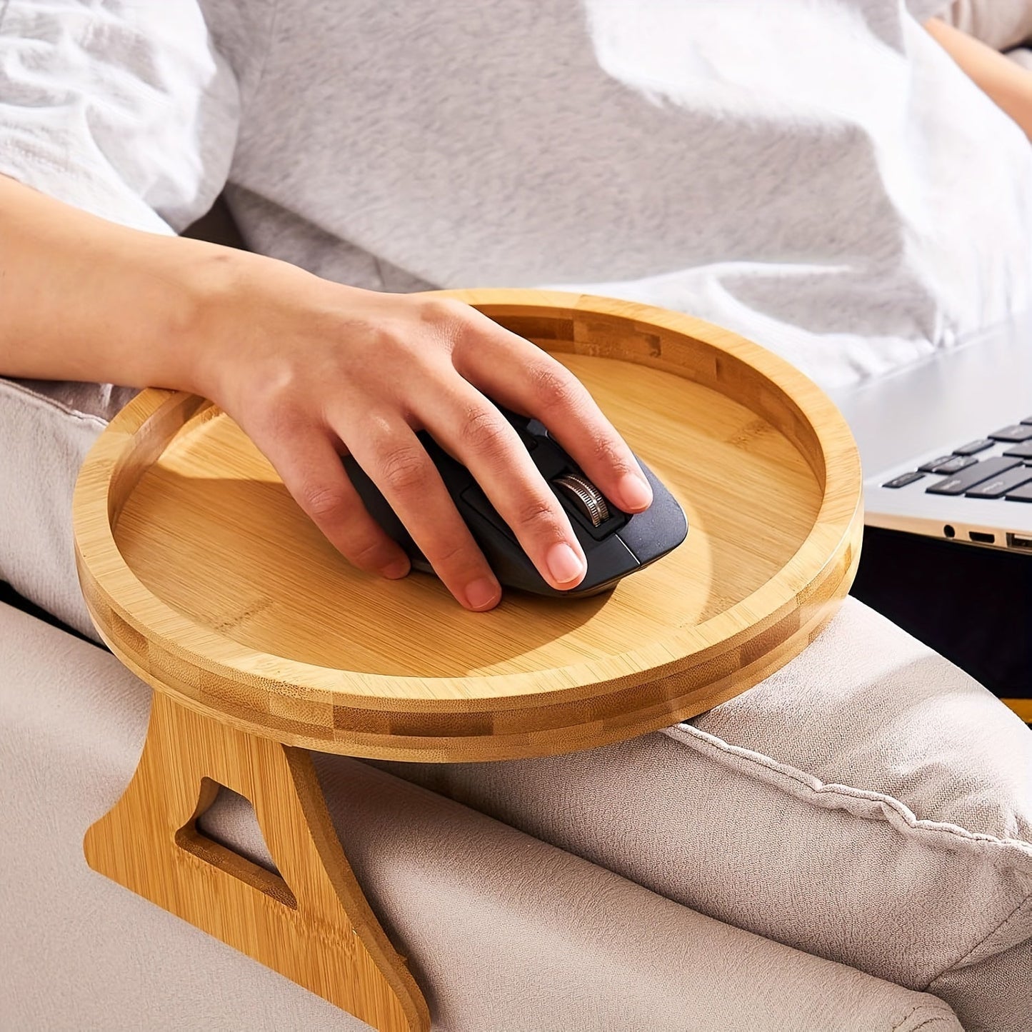 Convenient Clip-On Bamboo Sofa Armrest Tray Table - Perfect for Holding TV Dinners, Remotes, Drinks, and Snacks with a Space-Saving Design