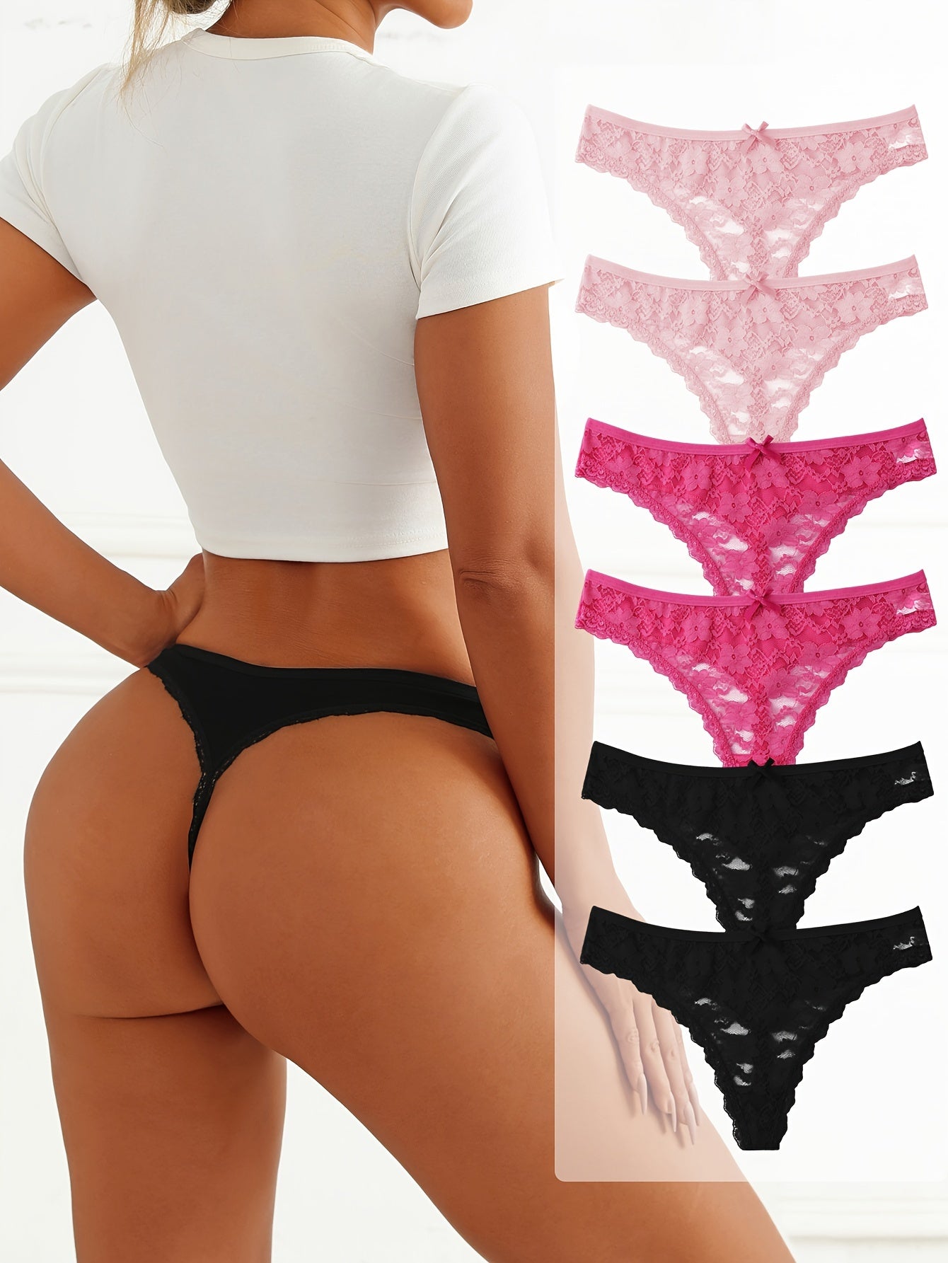 Six elegant floral lace women's thongs in black, pink, and white, with a sexy low-rise, stretch fit. Made from a breathable nylon blend with delicate lace detailing.